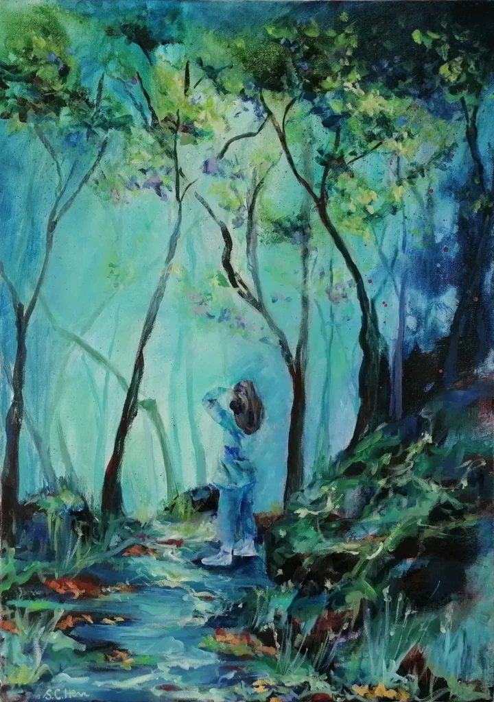 01 Sylvia Catharina Hess Schau und lausche Zyklus Zerbrechliche Paradiese Serie Was der Wald erzählt 2025 Öl über Acryl auf LW 70 x 50cm