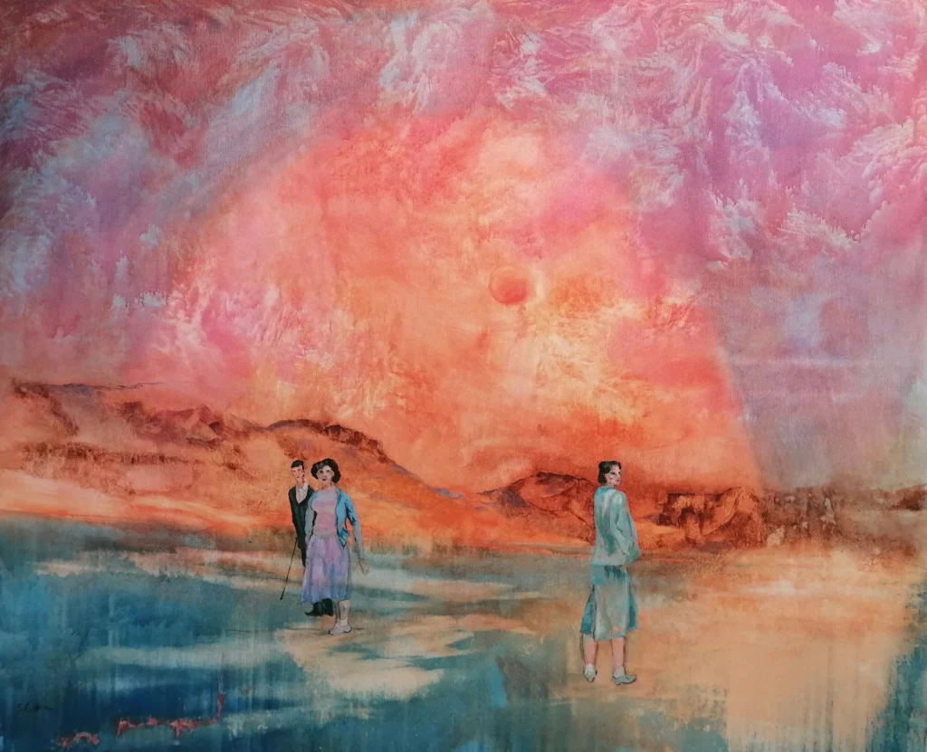 03 Sylvia Catharina Hess Unterwegs in die Zukunft Zyklus Zerbrechliche Paradiese Serie Memory Flashes 2025 Acryl auf LW 100 x 120 cm