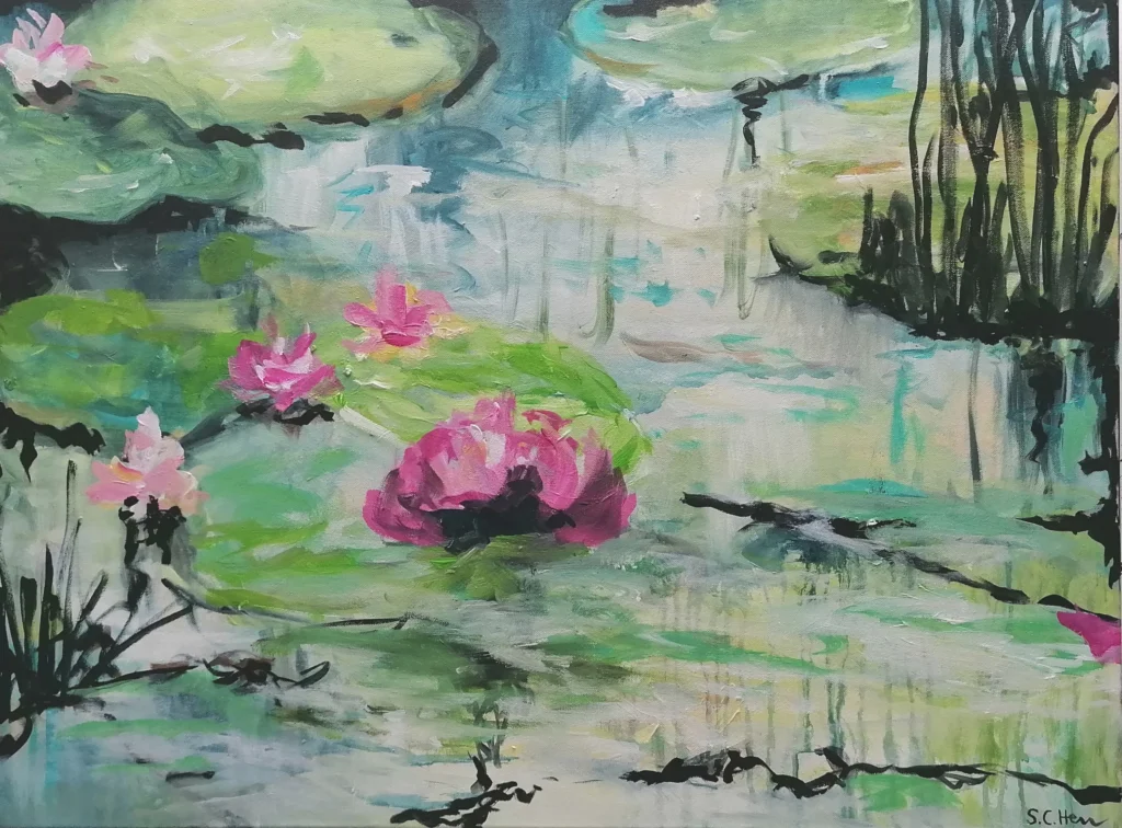 07 Sylvia Catharina Hess Am Seerosenteich Zyklus Zerbrechliche Paradiese_ Wasserwelten 2024 Acryl auf LW 60 x 80 cm