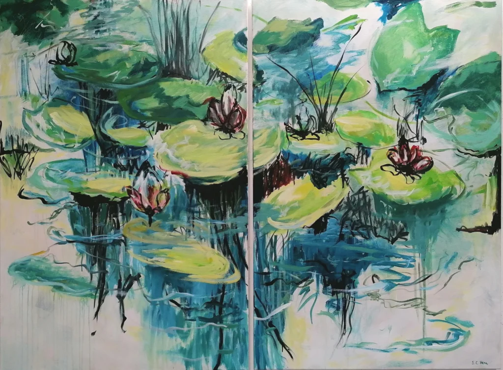 09 Sylvia Catharina Hess Dancing upon the water Zyklus Zerbrechliche Paradiese _ Wasserwelten 2024 Acryl auf LW Diptychon 120 x 160 cm